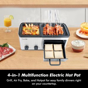 4 in 1 Breakfast Maker Station with Indoor Grill,Griddle,Toast Drawer Frying Basket, Removable Nonstick Plates, Dual Temperature Control, Silver