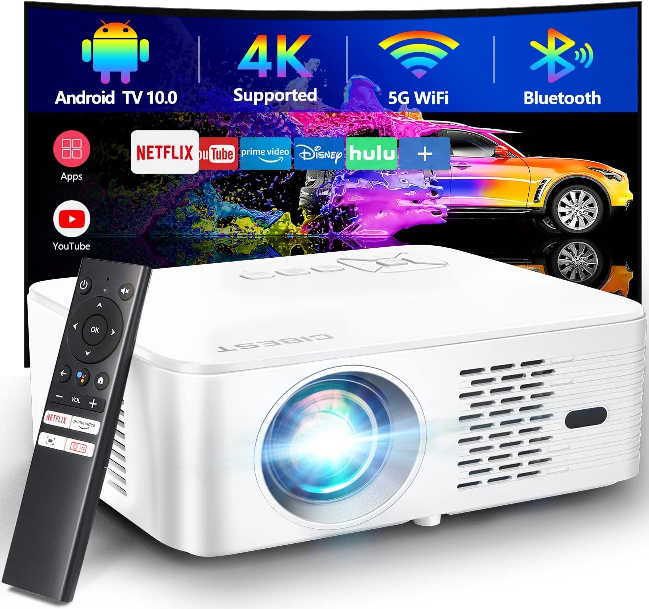 4K Support Android TV 10.0 Projector 5G WiFi Bluetooth Native 1080P