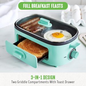 GreenLife 3-in-1 Breakfast Maker Station, Healthy Ceramic Nonstick Dual Griddles for Eggs Meat Sausage Bacon Pancakes and Breakfast Sandwiches, 2 Slice Toast Drawer, Easy-to-use Timer, Turquoise